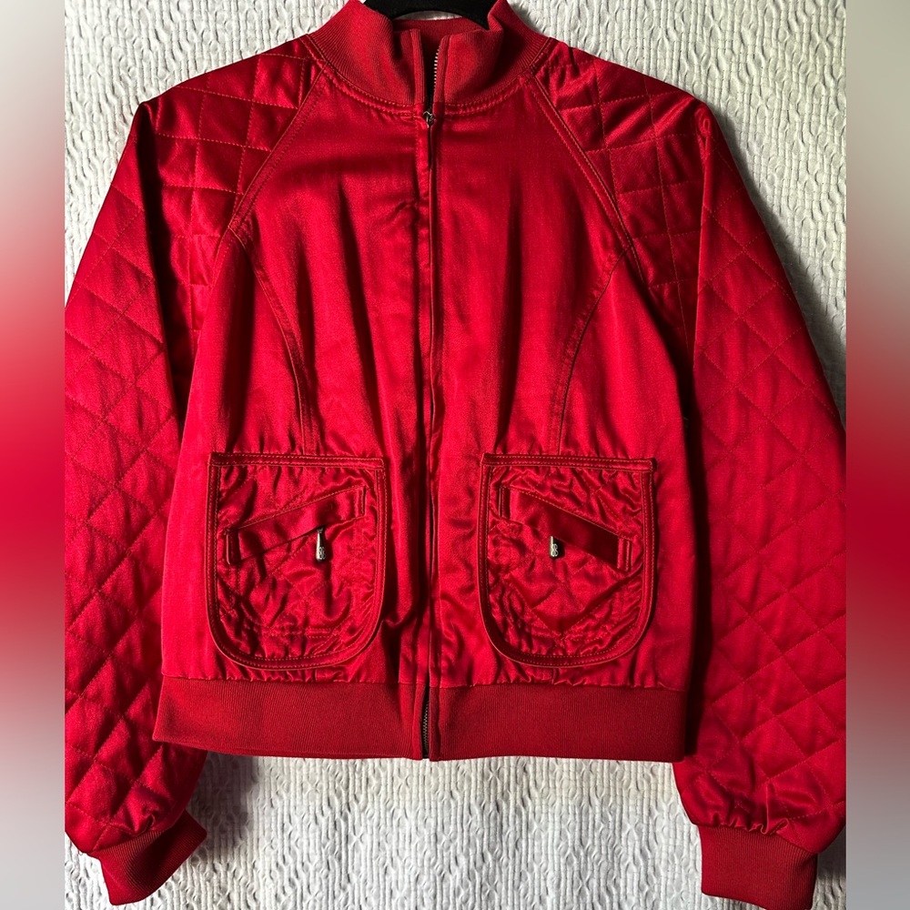 Bill Blass Red Silk Quilted Bomber Jacket